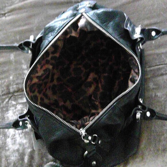 NEW B. Makowsky Black Leather Christie Satchel Medium Handbag Cheetah NWT $ 288 - Picture 7 of 11